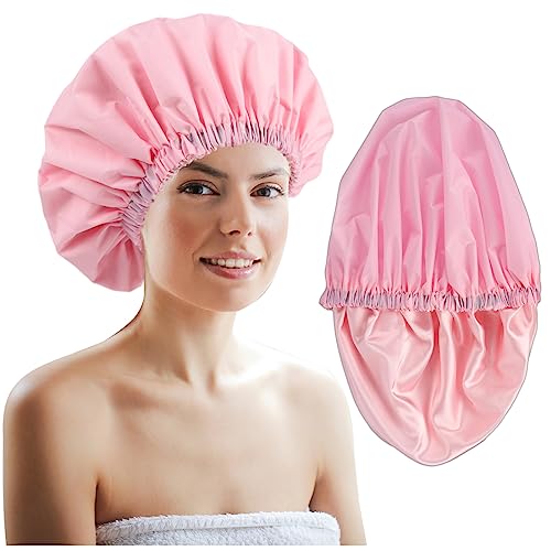 Shower Cap for Women,Shower Cap for Long Hair,Hair Cap for Shower,Large Satin Lined Shower Caps for Women Reusable Waterproof,Shower Cap for Braids,Double Layer,Pink