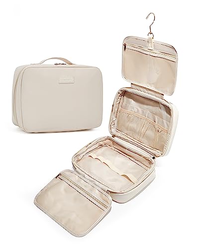EACHY Travel Toiletry Bag with Hanging Hook, Portable Makeup Cosmetic Bags for Women, Water-Resistant Full-Size Travel Accessories (Beige)
