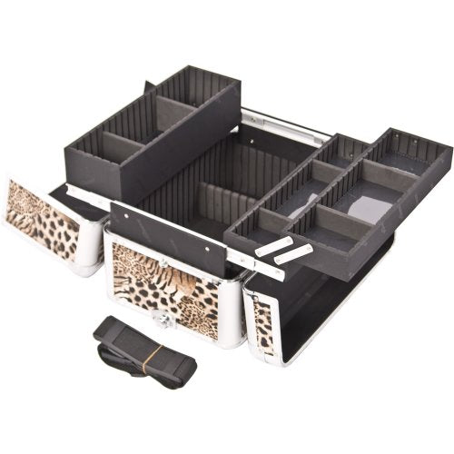 SUNRISE Professional Makeup Case E3302 Aluminum, 3 Easy-Slide Trays, Adjustable Drawer Dividers, Locking with Shoulder Strap, Brown Leopard
