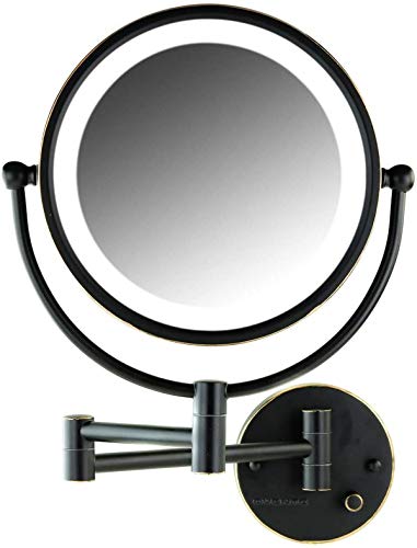 OVENTE 8.5'' Hardwired Lighted Wall Mount Makeup Mirror, 1X & 7X Magnifier w/ Dimmer Switch, Spinning Double Sided Round White LED, Extend & Fold, Retractable Arm, Oil Rubbed Bronze MPWD3185BZ1X7X