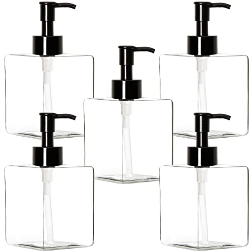 Youngever 5 Pack Clear Plastic Square Pump Bottles, Refillable Plastic Pump Bottles for Dispensing Lotions, Shampoos (12 Ounce)
