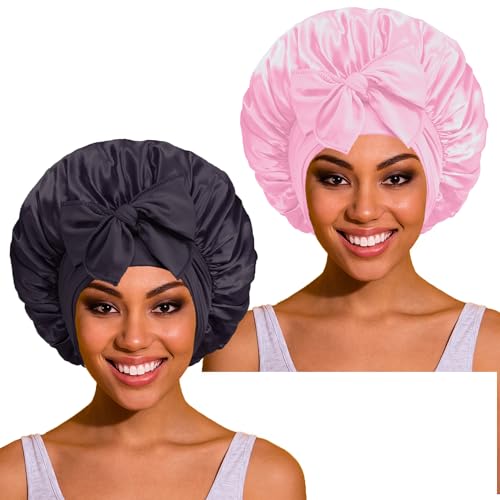 Satin Bonnet Silk Bonnet Hair Bonnet for Sleeping, Bonnets for Black Women, 2 Pack Tie Band Silk Bonnet for Curly Hair,A