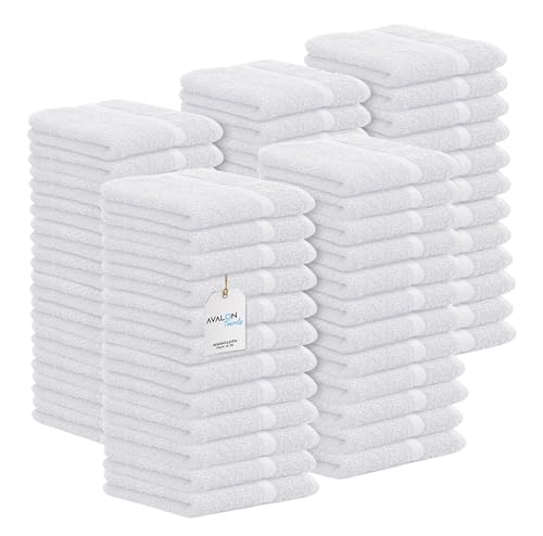 Avalon Towels Cotton Washcloths – (Pack of 60) Size 12x12 Inches, 100% Ring Spun Cotton, Absorbent, Soft Face Towels, Gym Towels, Hotel and Spa Quality, Reusable Fingertip Towels (White)