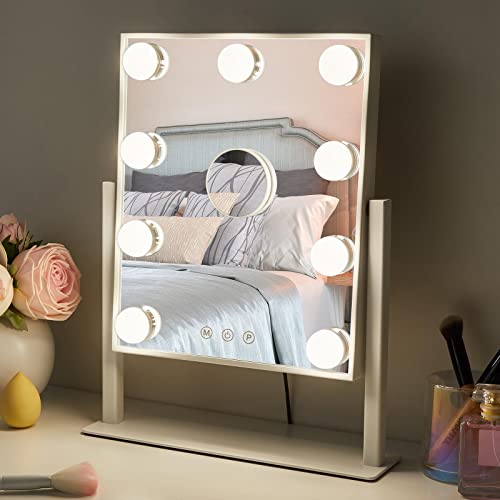 Vanity Mirror with Lights,9 Led Bulbs Hollywood Vanity Mirror with Lights,Touch Control Design 3 Colors Dimable,Detachable 10x Magnification Mirror Lighted Vanity Mirror(White)