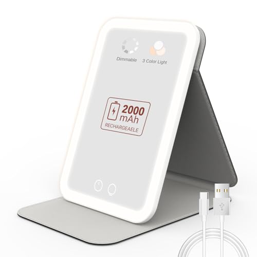 EASEHOLD Travel Makeup Mirror, Rechargeable Lighted Makeup Mirror, 72 LEDs, 3 Colors Light Modes, 2000 mAh, Portable Ultra Thin Compact Vanity Mirror with Lights, Gifts for Women