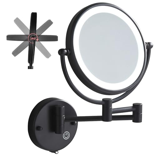 8" Makeup Mirror with Lights and Magnification, Matt Black 1X/10X Magnifying Mirror with Light, Double Sided 360° Rotation Makeup Vanity Mirror Wall Mounted Shaving Light Up Mirror, Touch Control