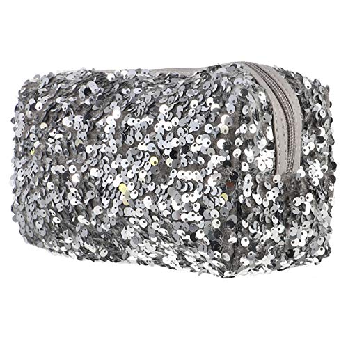 VALICLUD Sequin Cosmetic Bag Portable Glitter Makeup Zipper Bag Toiletry Bag Sequin Organizer Bag for Women Girls Travel Daily Use (Silver)