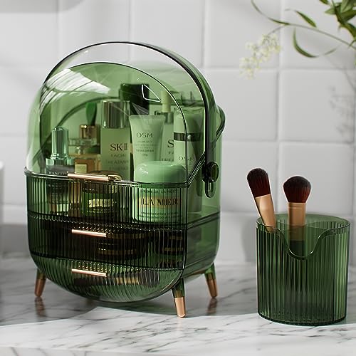 SAVSOW Green Makeup Organizer for Vanity, Clear Makeup Storage Organizer with Brush Organizer, Dustproof Cosmetic Organizer with Lid and Drawers