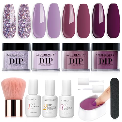 AZUREBEAUTY Dip Powder Nail Kit, Summer Lilac Purple Glitter Dark Purple 4 Colors Nail Dip Powder Starter Set Essential Dip Liquid Set with Base/Top Coat Activator for French Art Manicure DIY Gift
