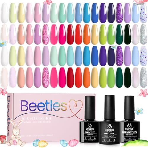 beetles Gel Polish Nail Set 36 Colors Floral Rhapsody Collection Pastel Bright Girly Sparkle Glitter Lacquer with 3Pcs Base Matte and Glossy Top Soak off Uv Lamp All Seasons for Women Gifts
