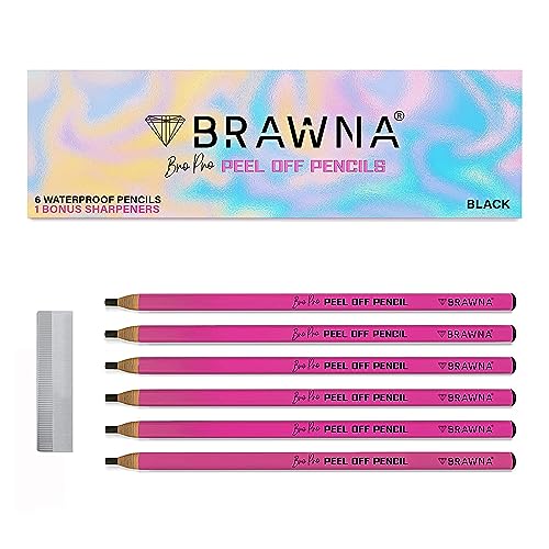 BRAWNA 6 Pcs Brow Pro Peel Off Pencils with 1 Sharpener - Waterproof Eyebrow Mapping Pencil - Microblading Supplies - PMU Kit - Black