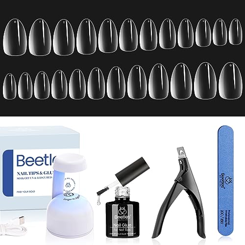 Beetles Gel Nail Kit Easy Extension Set, XS Short Almond Pre Shaped 240 Pcs Clear False Acrylic Nails Tips with 5 In 1 Nail Glue Innovative Uv Led Lamp DIY Manicure Salon at Home Women Gift