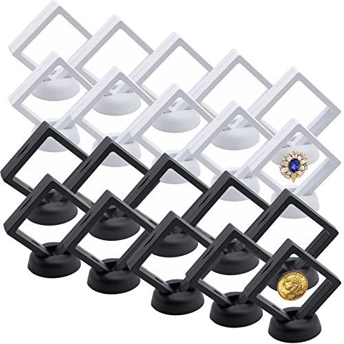 CIOUYAOS 20PCS Floating Display Stand, 3D Transparent Frame Holder Small Case, Storage Box for AA Medallion Challenge Coin Jewelry Pin Rock Specimen Chip Antique (10xBlack 10xWhite 2.8x2.8x0.8”)