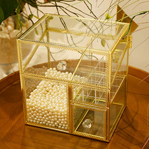 PuTwo Makeup Organizer Handmade Vintage Brass Edge Makeup Brush Holder Glass Makeup Brushes Storage Cosmetic Organizer Makeup Vanity Decoration Jewelry Box Make up Brushes Holder with FREE PEARLS