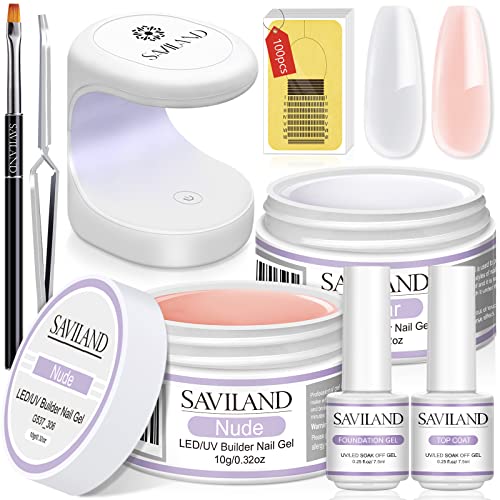Saviland Builder Nail Gel Set - 2 Basic Colors Nail Extension Kit Clear Nude Nail Strengthen Gel with Nail Brush 100Pcs Nail Forms for Nail Extension at Home Nail Salon, Nail Art DIY