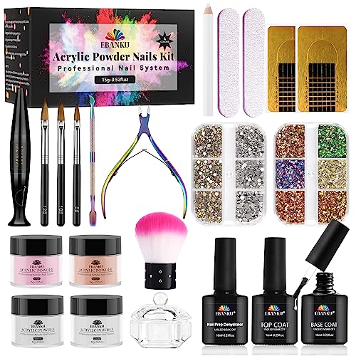 21 PCS Acrylic Nail Kit, EBANKU Acrylic Powder Set Nail Glitter Nail Rhinestones Nail Polish Nail Brush Nail Tips Nail Art Supplies for Women Girls Nails DIY