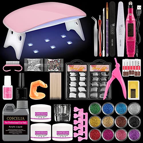 Acrylic Nail Kit Nail Lamp Nail Drill Acrylic Powders and Liquid Monomer Clear White Pink Colors Acrylic Powder 12Pcs Glitter Acrylic Powders DIY Nail Tools Nail Art Kit for Beginner with Everything