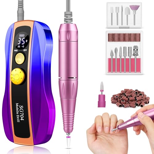 Professional Nail Drill Machine, Yerepk 35000RPM Electric Nail File Kit w/ 12 Drill Bits for Acrylic Nails, Rechargeable Portable Nail Efile for Shaping Polishing, Manicure Pedicure Polishing Tool