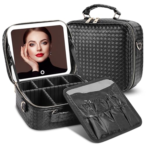 DESCHEN Travel Makeup Bag with Led Mirror, Makeup Organizer Cosmetic Bag, PU Leather Makeup Case with 3 Light Modes & Dimmable Touch Control, Portable Make Up Box Waterproof (Black)
