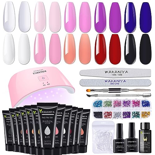 Poly Gel Nail Kit with UV Lamp, 10 Poly Gel Colors Quick Gel Nail Extension Set with Rhinestone, Base Top Coat, Slip Solution, Nail Forms, Complete Poly Nail Gel Starter Kit for DIY Manicure