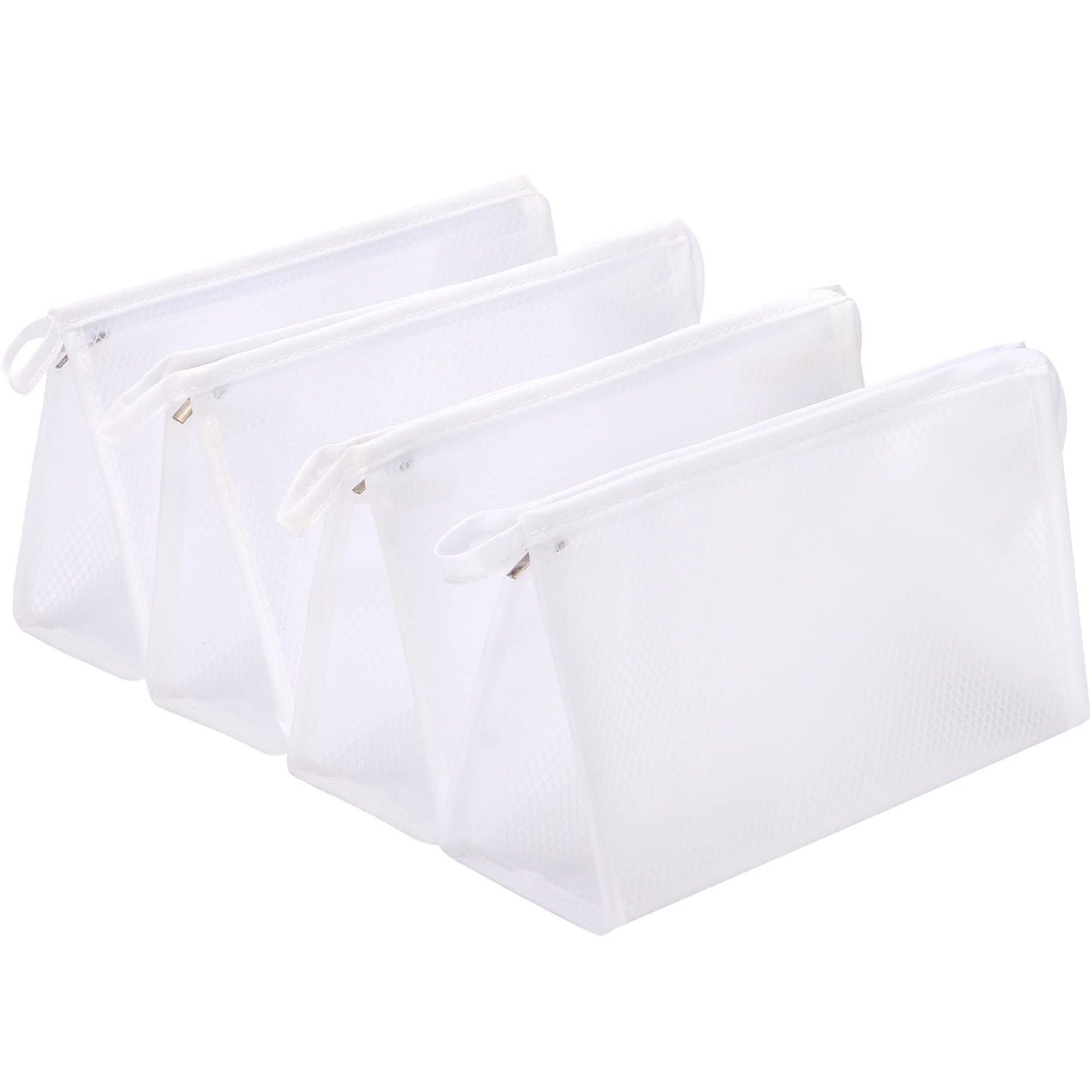 Sea Team 4-Pack Waterproof Cosmetic Bags with Zippers, Portable Travel Toiletry Kit, Makeup Bags, Organizer, Pencil Case, Matt, Mesh Texture, 9 x 3.5 x 5.5 Inches, White