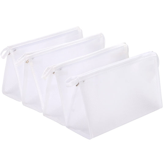 Sea Team 4-Pack Waterproof Cosmetic Bags with Zippers, Portable Travel Toiletry Kit, Makeup Bags, Organizer, Pencil Case, Matt, Mesh Texture, 9 x 3.5 x 5.5 Inches, White