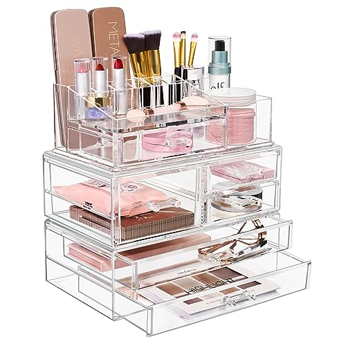 Sorbus Huge Acrylic Makeup Organizer - Extra Large Makeup Case & Display - Stackable 3 Piece Cosmetic Organizers and Storage Set with Acrylic Drawers - Great Vanity, Dresser & Bathroom Organizer