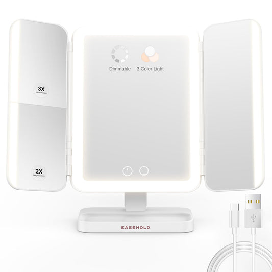 EASEHOLD Makeup Mirror with Lights, Rechargable Lighted Vanity Mirror with 116 LEDs, 1X/2X/3X Magnifying, 3-Color Mirror with LED Lights,5000 mAh Lighted Makeup Mirror, Adjustable Brightness/Angle