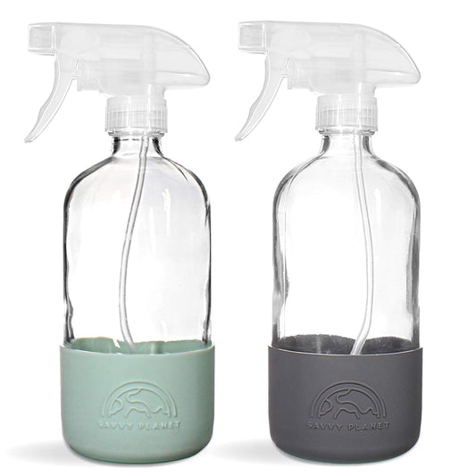 SAVVY PLANET Empty Clear Glass Spray Bottles with Silicone Sleeve Protection - Refillable 16 oz Containers for Cleaning Solutions, Essential Oils - Quality Sprayer - 2 Pack