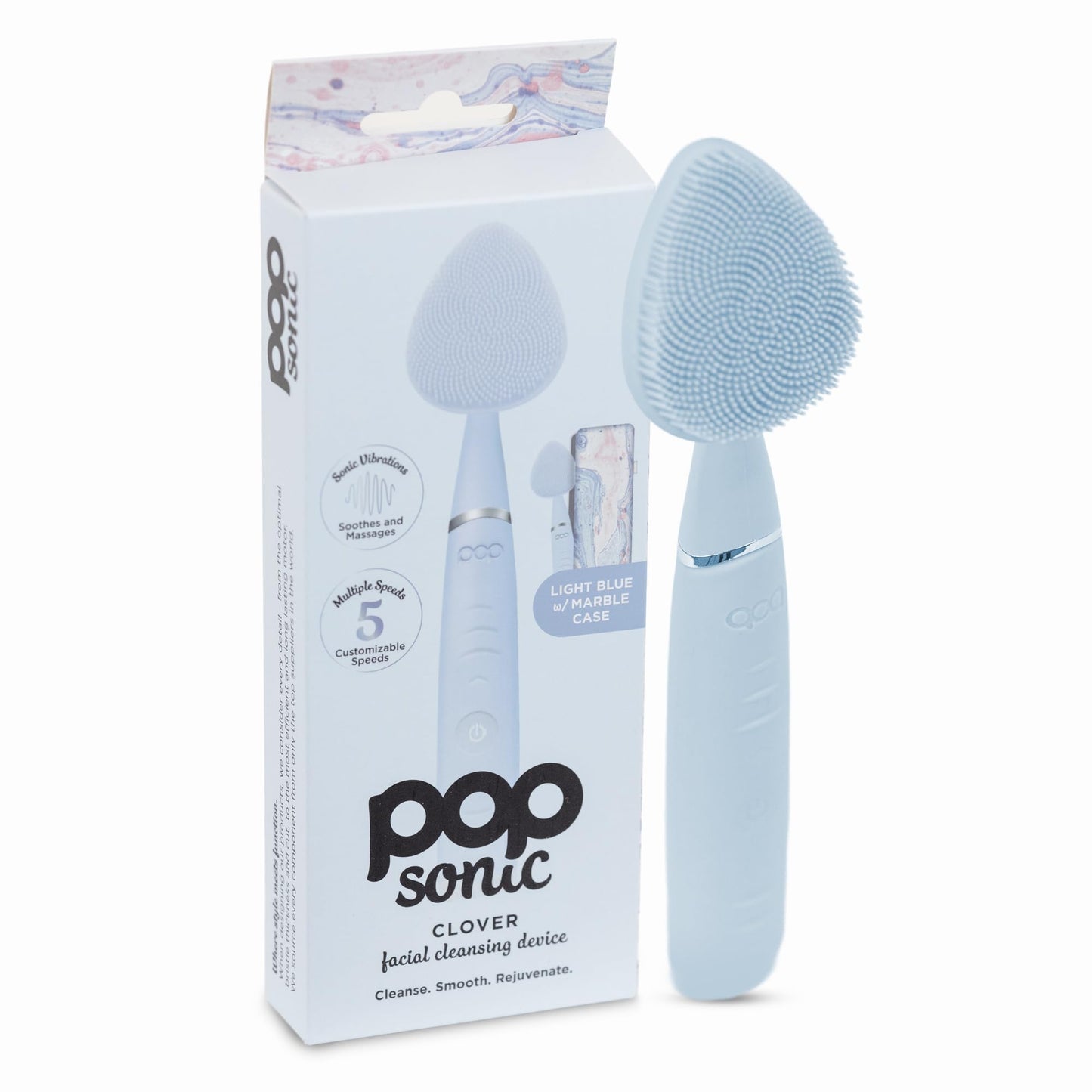 Pop Sonic Clover Facial Cleansing Device- Silicone Pore Cleaning Tool w/Case- 8000VPM, USB Charging Skin Care Tools for Face (Light Blue)