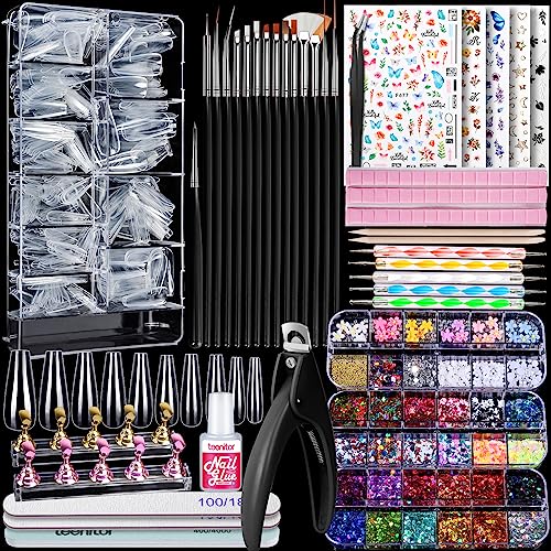 Teenitor Fake Nails Kit, Press On Nail Supplies Clear Coffin Nail Tips With Nail Stand, Nail Art Brushes, Nail Dotting Pen, Nail Glitter Sequins,Nail Stickers, Nail Art Rhinestones