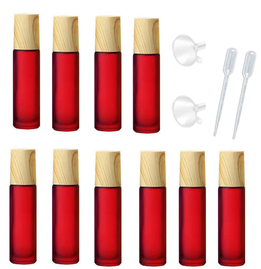 10 Pcs Frosted Glass Essential Oils Roll on Bottles,10ml Refillable Massage Roller Bottles Perfume Bottles with Stainless Steel Ball Wood Grain Cap Empty Travel Roller Essential Oils Vials(Red)