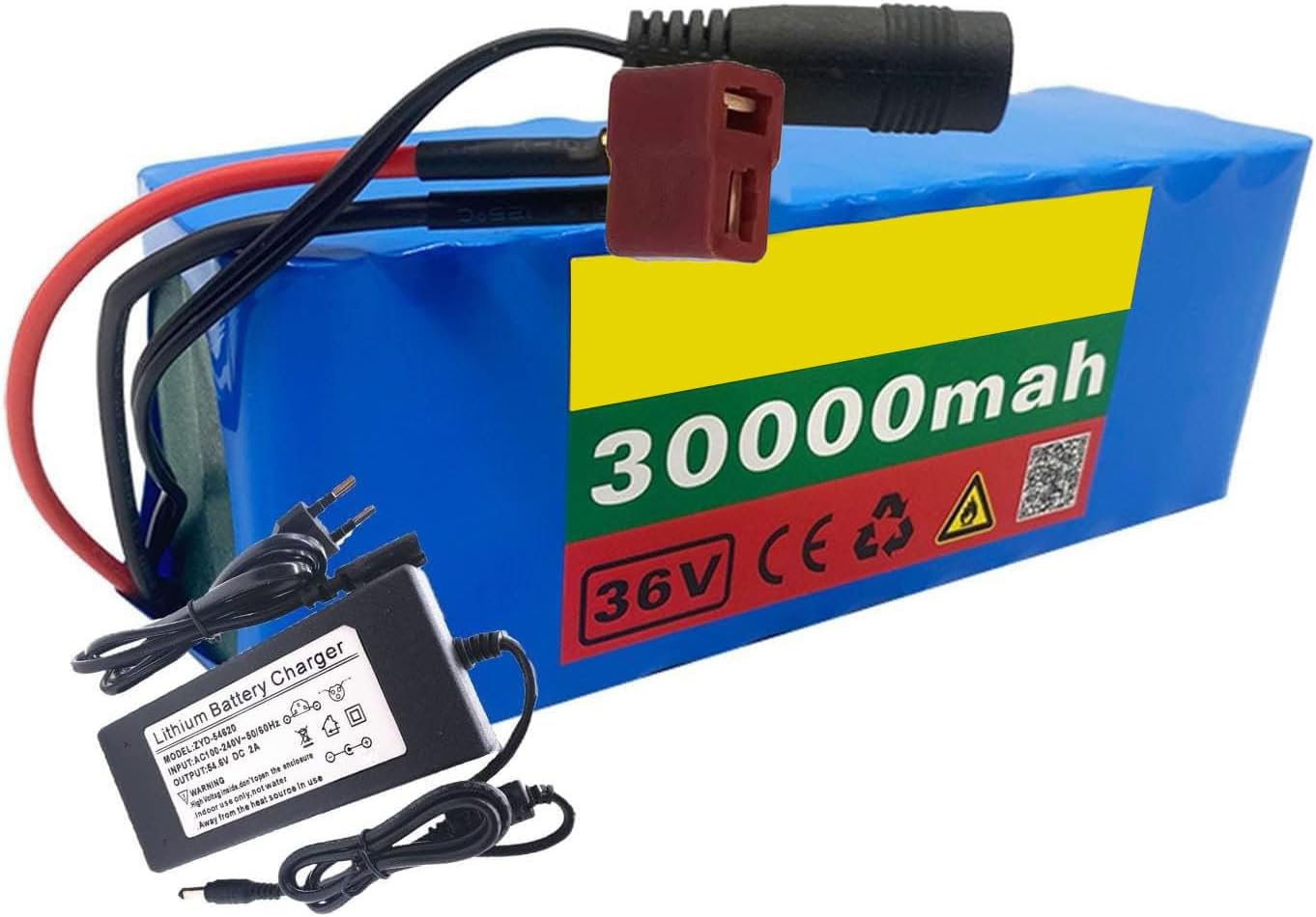 E-Bike Lithium-Ion Battery Pack 36V 30Ah 10S3P Built-in BMS for 50-500W Motor Electric Bicycle Scooter with 42V 2A Charger and XT60 Plug,T Plug