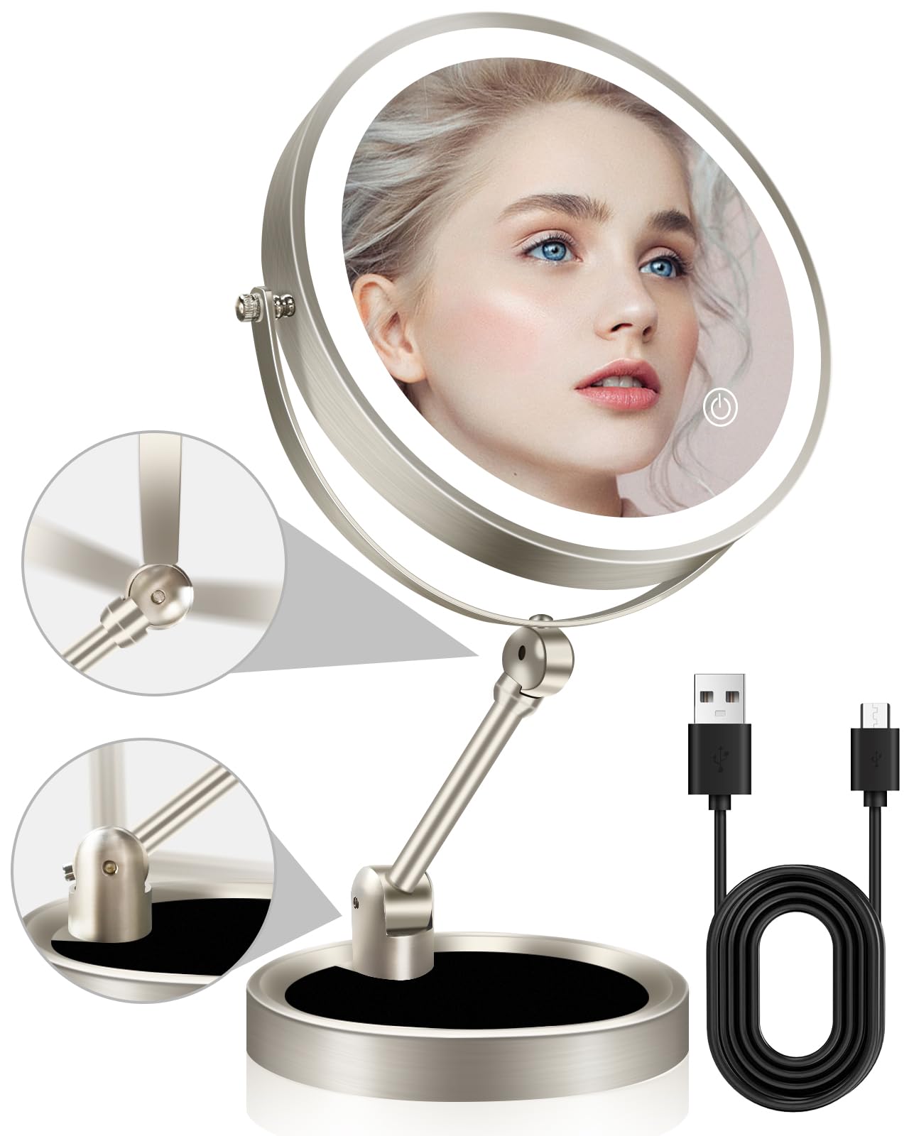 TOLOYE Lighted Makeup Mirror with Magnification, Upgrade Foldable 1X/10X 8in Magnifying Vanity Mirror with 3 Colors Lighting, LED Makeup Mirror, Brightness Height Adjust 360°Rotation
