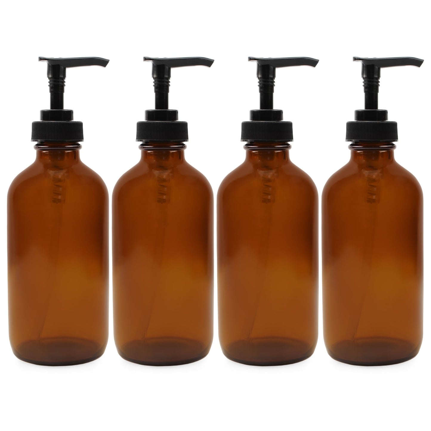 Cornucopia 8oz Glass Pump Bottles (4-Pack, Amber Brown), Lotion Soap Dispeners w/Black Plastic Pumps