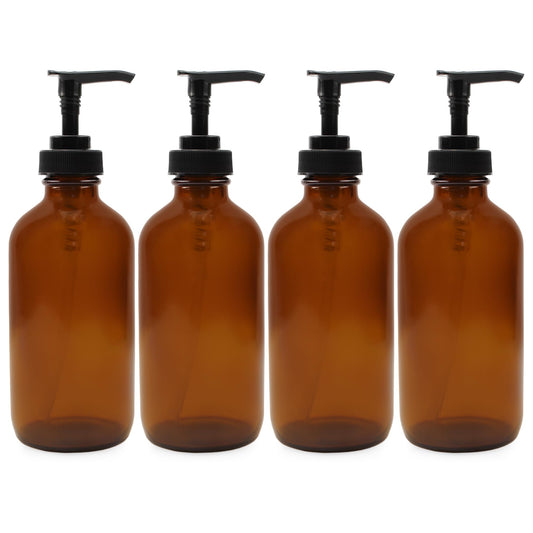 Cornucopia 8oz Glass Pump Bottles (4-Pack, Amber Brown), Lotion Soap Dispeners w/Black Plastic Pumps