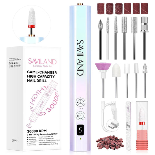 SAVILAND Electric Nail Drill Kit - Rechargeable 30000RPM Nail Drill with 12 Drill Bits for Acrylic Nails for Shaping & Buffing to Removing Nails/Cuticle/Nail Art Home Salon, Aurora Design