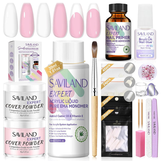 Saviland Acrylic Nail Kit: Keratin Acrylic Powder with Monomer Castor Oil Vitamin E Nail Primer Nail Glue French Tips Pink Rhinestones Complete Tools Everything for Beginners DIY Home Salon
