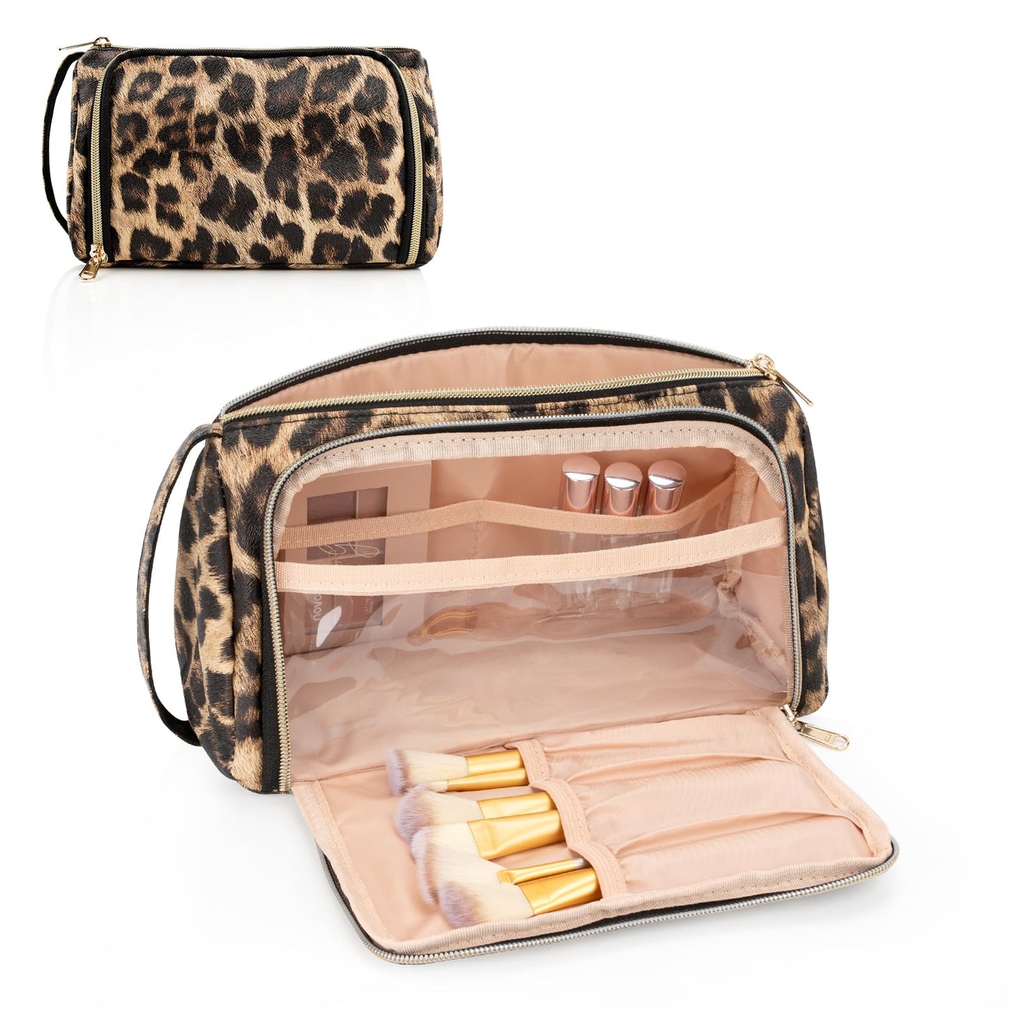 CUBETASTIC Travel Makeup Bag, Leopard Print Cosmetic Bag, Portable Makeup Organizer Bag with Side Handle, Roomy Makeup Pouch for Purse