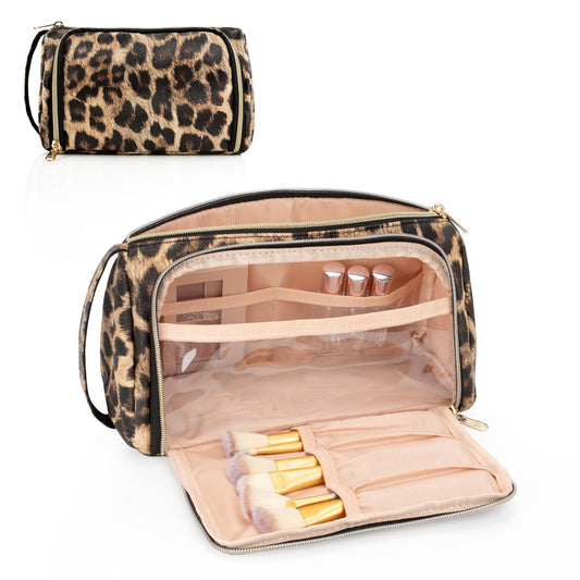 CUBETASTIC Travel Makeup Bag, Leopard Print Cosmetic Bag, Portable Makeup Organizer Bag with Side Handle, Roomy Makeup Pouch for Purse