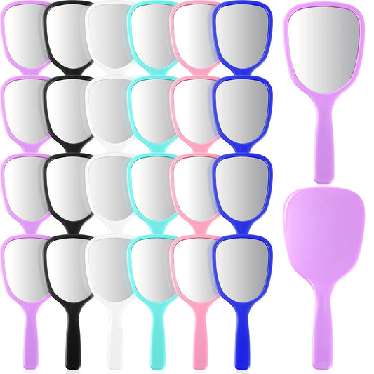 24 Pcs Handheld Mirrors Small Hand Mirror with Handle Plastic Travel Makeup Compact Mirror Portable Vanity Mirror for Camping Home Kids Girls Women Men Purse, 6 Colors, 7 x 3.15 Inches/ 18 x 8 Cm
