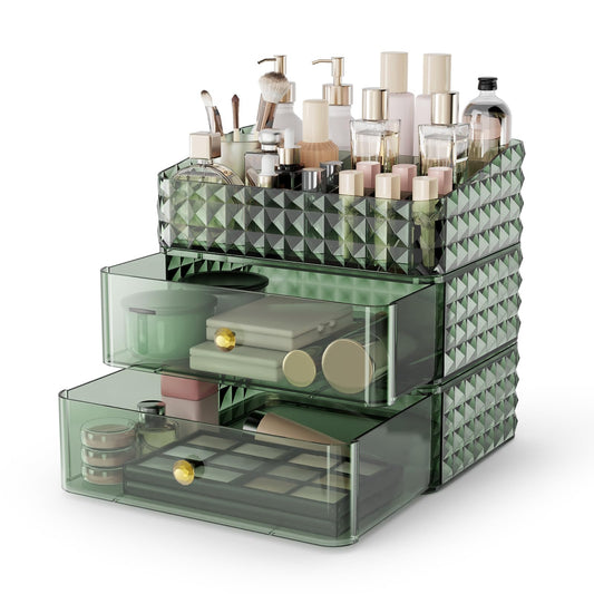 Rosoenvi Makeup Organizer for Vanity, Stackable Cosmetics Organizer and Storage, Cosmetic Display Cases with 2 Drawers and 1 Tray for Makeup Brush, Hair Accessories, Lipstick and Jewelry, Green