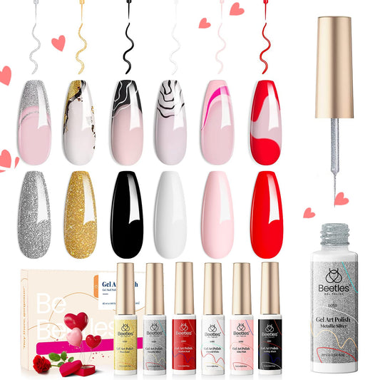 Beetles Gel Polish 6 Pcs Black White Red Gold Silver Glitters Colors Paint Swirl Built Thin Brush in Bottle Soak off Uv Led Lamp Nail Art Liner Gel Polish Set