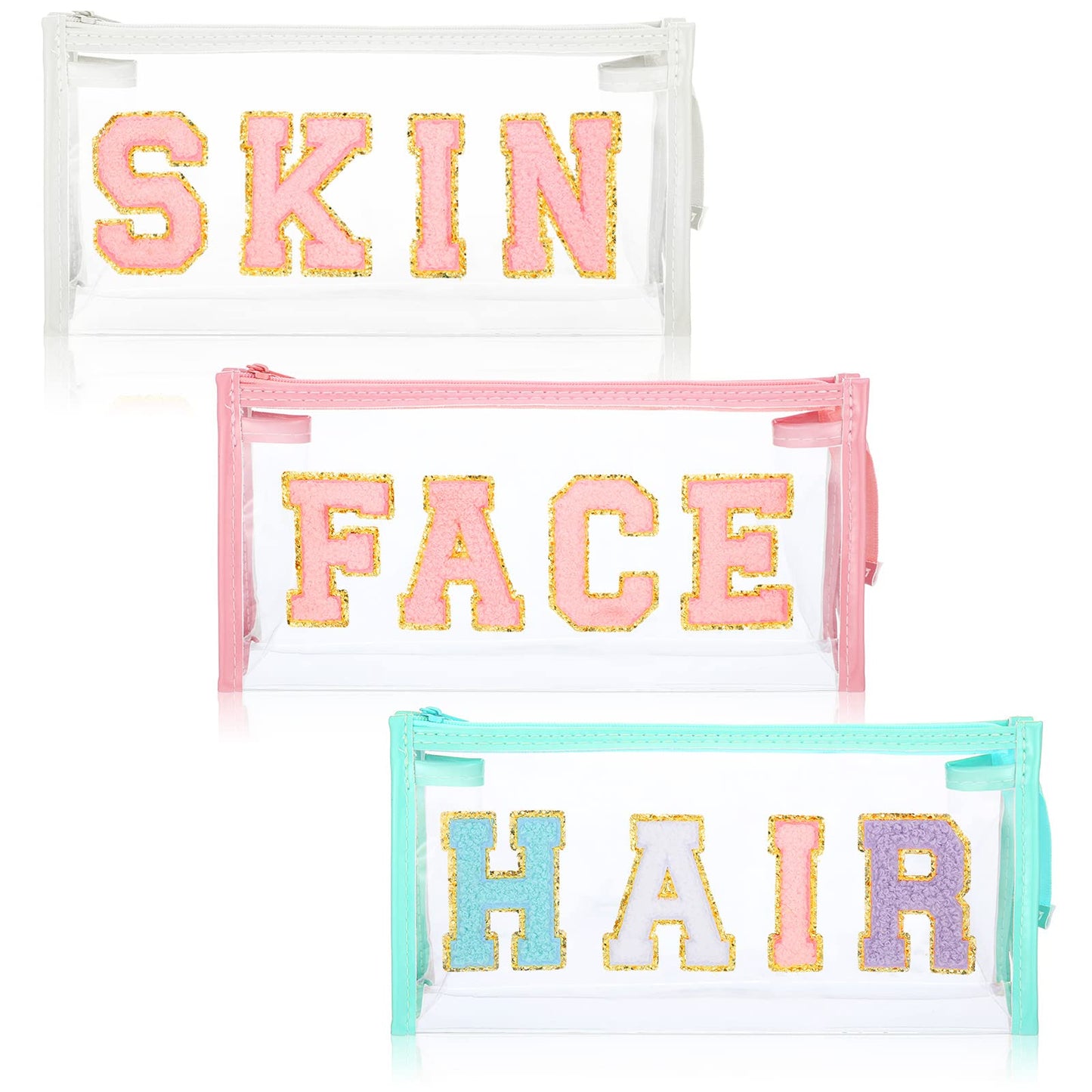 3 Pcs Preppy Clear Makeup Bags Chenille Letter Patch Pouch with Zipper Waterproof Cosmetic Toiletry Bag Transparent Toiletry Bags for Women Girls Gift Bathroom Travel, Vacation (Vivid Style)