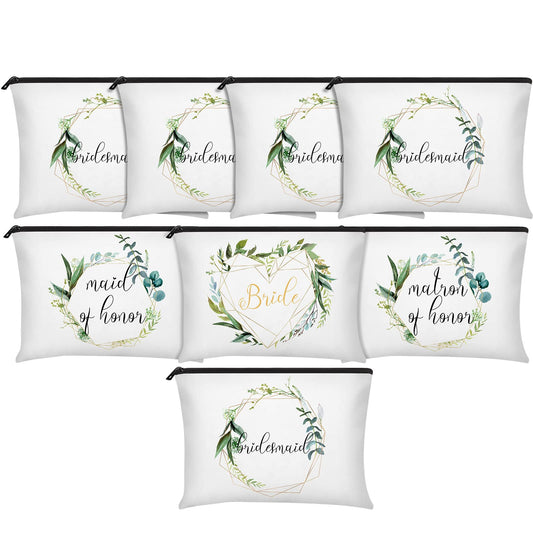 8 Pieces Bridesmaids Wedding Bridal Makeup Canvas Bag Matron of Honor Bag Wedding Print Cosmetic Bag for Women Brides Bridesmaids Parties (Leaves Pattern)