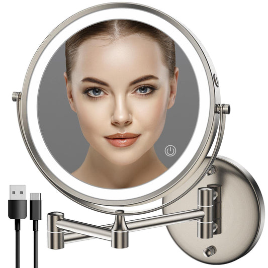 Rocollos Rechargeable Wall Mounted Lighted Makeup Mirror Chrome, 8 Inch Double-Sided LED Vanity Mirror 1X/10X Magnification,3 Color Lights Touch Screen Dimmable 360°Swivel 13 Inch (Nickel, 10X)