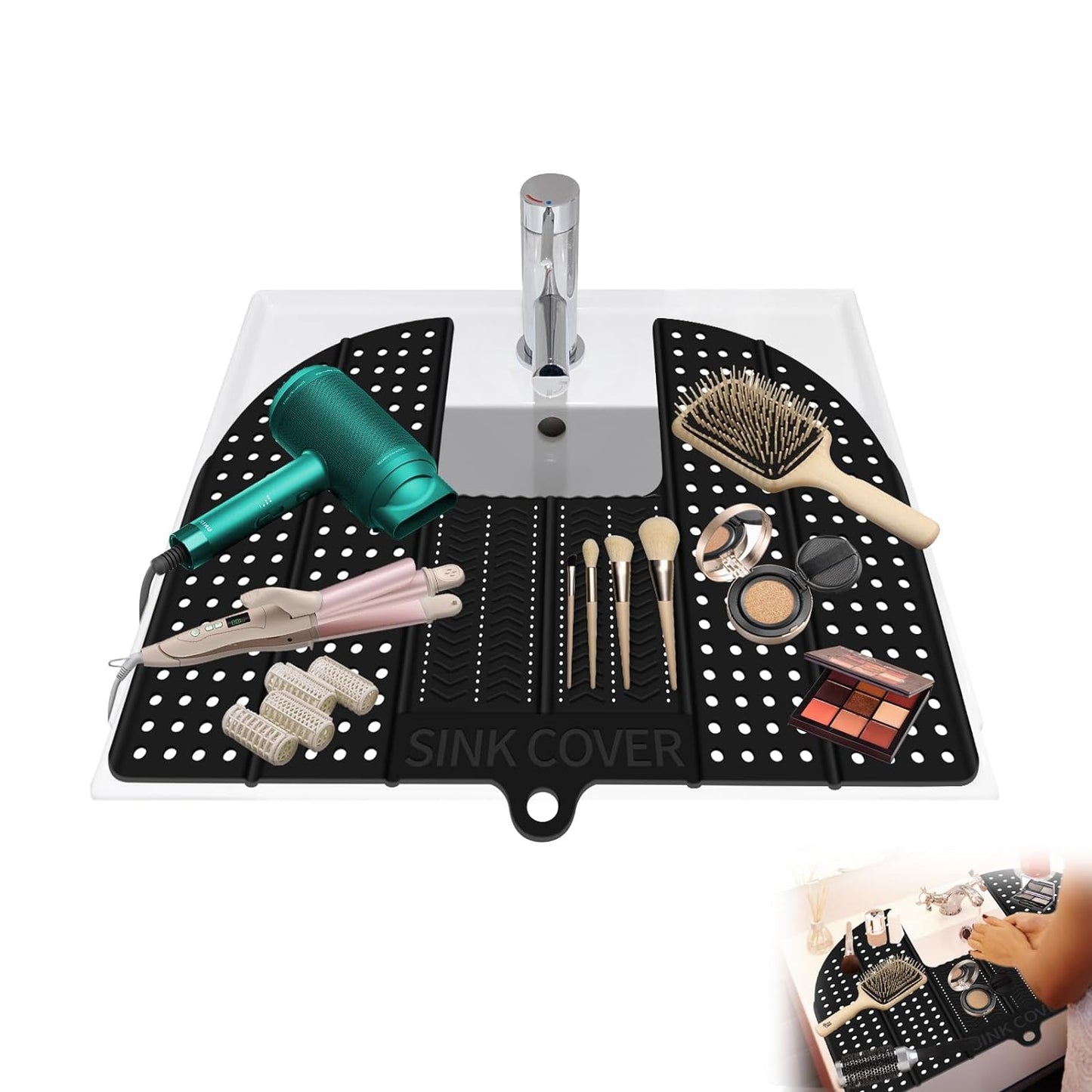 Bathroom Sink Cover For Counter Space Makeup, Silicone Compact Rollable With Hanging Loop And Beauty Makeup Brush Cleaning Mat, Heat Resistant, Bathroom Sink Organizer Countertop