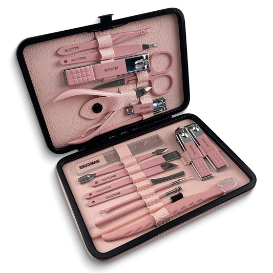 Queenme Manicure Set Professional Pedicure Kit Nail Clippers Kit 18 Pieces Stainless Steel Nail Scissors Care Tools Women Grooming Kit with Luxurious Upgraded Travel Case (Pink)
