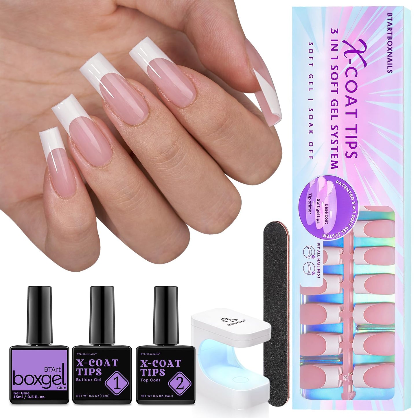 btartboxnails XCOATTIPS French Tip Nails - Long Square Nail Tips with Nail Gel, French Protecing Duo, Nail Lamp, All in One Soft Gel French Tip Press on Nails Gel Extension Easter Gifts