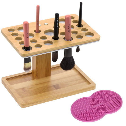 Bamboo Brush Makeup Cosmetic Air Drying Rack Tower Acrylic Folding Brushes Dryer Holder Display Organizer Stand with Silicone Brush Cleaner Mat Support Tray(26 Hole, FULLY ASSEMBLED) – MK288B